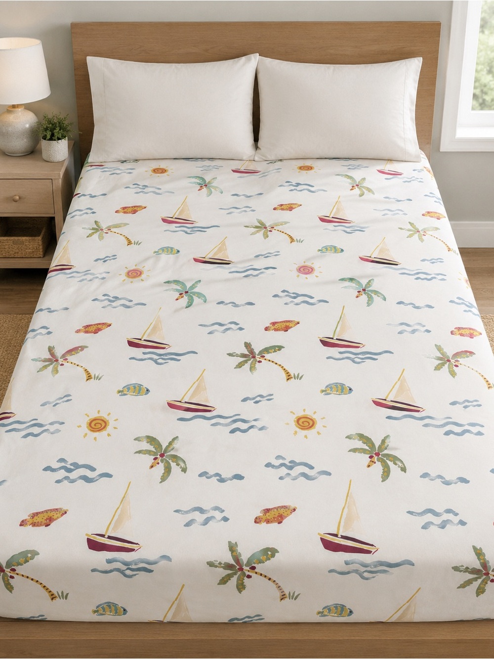 VTG Coastal Sailboat Fish Palm trees  Fitted Full Sheet only made in USA